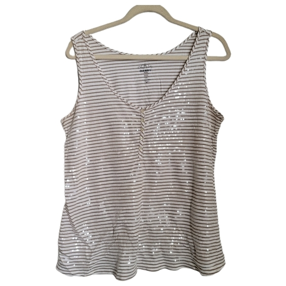 Old Navy Tops - Old Navy Top Size 1X White Tan Stripe Sleeveless Tank Sequins Henley